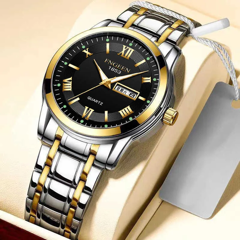 New Waterproof Men's Watch Room Gold Double Calendar Week Middle Aged and Old Fashion Trend Luminous Quartz Watch