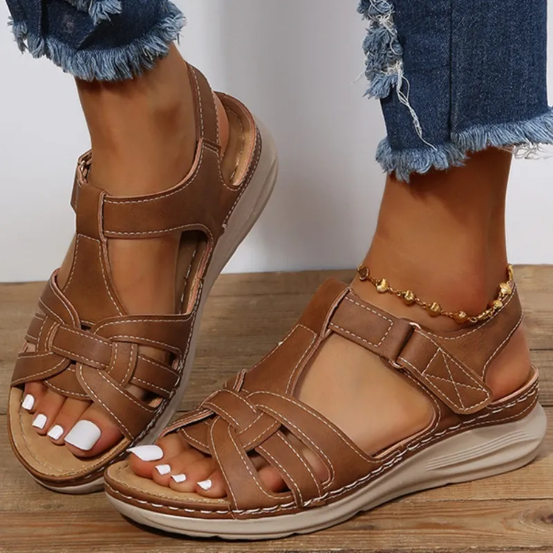 Sandaler Rom kilar sandaler kvinnor sommar handgjorda retro mjuka botten runda huvudskor fisk mun stor storlek tofflor zapatos para mujer