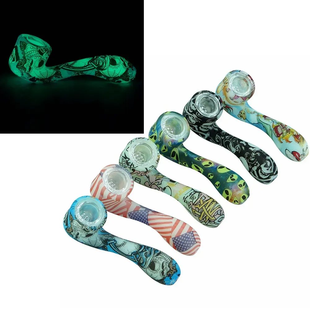 glow in the dark silicone glass pipe for 7 word shape smoking pipes with Hidden Bowl Piece Bent Spoon Type Unbreakable Luminous