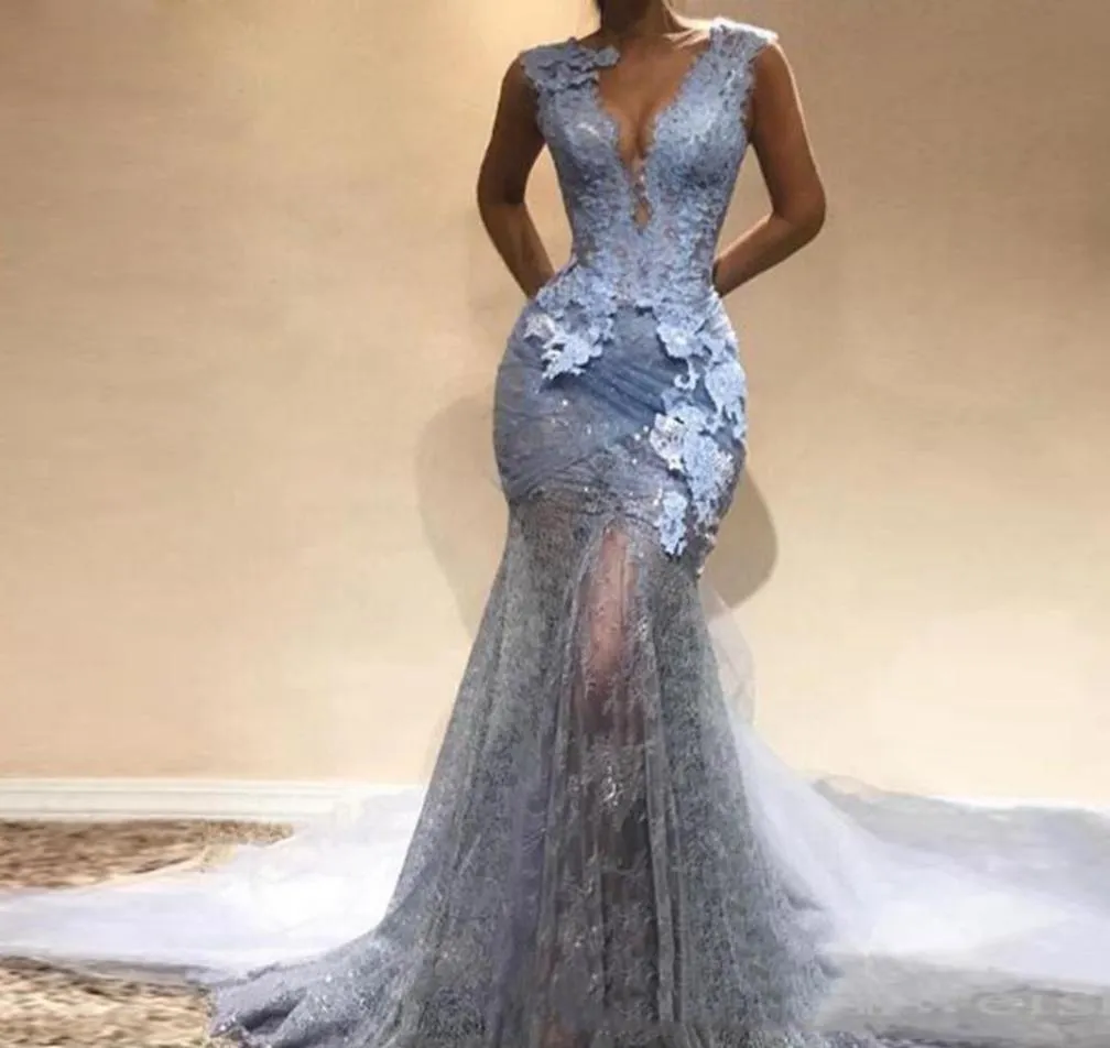 Abendkleider 2020 Dusty Blue Lace Long Mermaid Prom Dresses Sexy V Neck Veleveless 형식 파티 가운 vestido de festa8270650