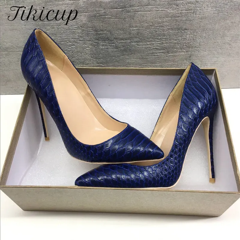 Buty Tikicup granatowy blue croceffect Women -TOE High Heel Buty eleganckie damskie mody mody pompki plus rozmiar 3445