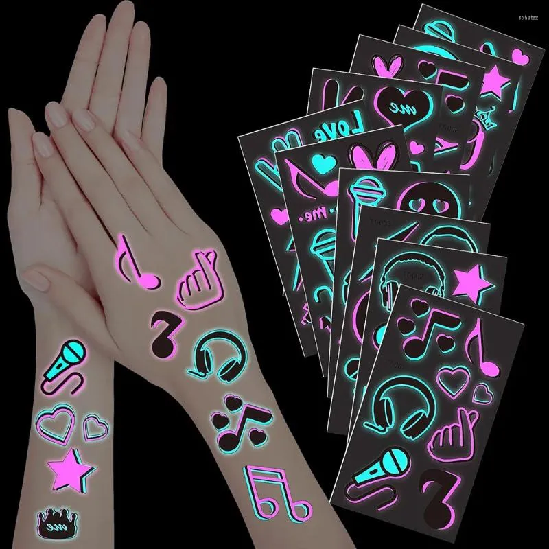 Party-Dekoration, 10 Blatt, im Dunkeln leuchtende temporäre Tattoos, leuchtendes Neon-Rosa, Blau, Musik-Krone, Note, Erwachsene, Kinder, Konzert, Make-up, gefälschtes Gesicht