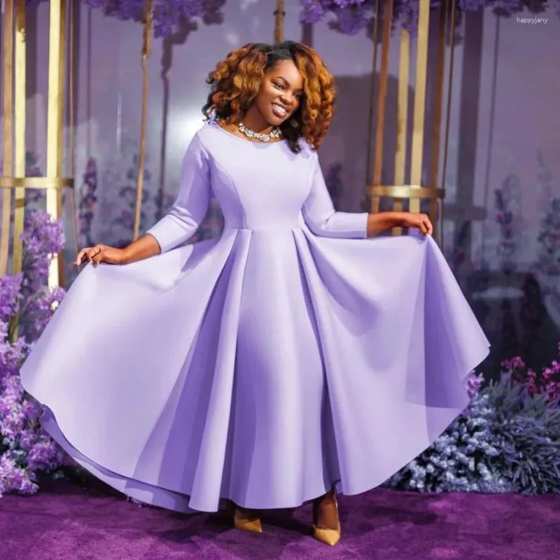 Vestidos casuais elegante roxo bonito mulheres sólida manga longa o-pescoço festa noite uma linha plissada midi vestido moda roupas africanas