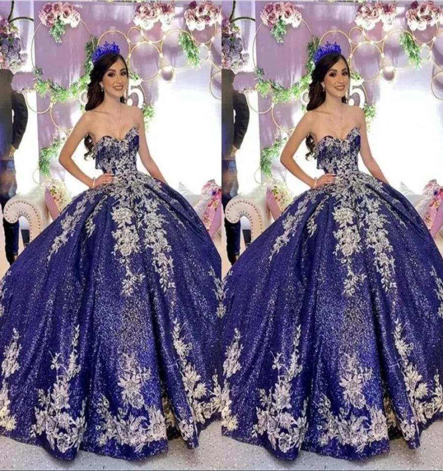 Sparkly Dark Navy Sequined Satin Quinceanera Dresses Prom Ball Gown Champagne Floral Applique Beading Strapless Laceup Back Sweet2969258