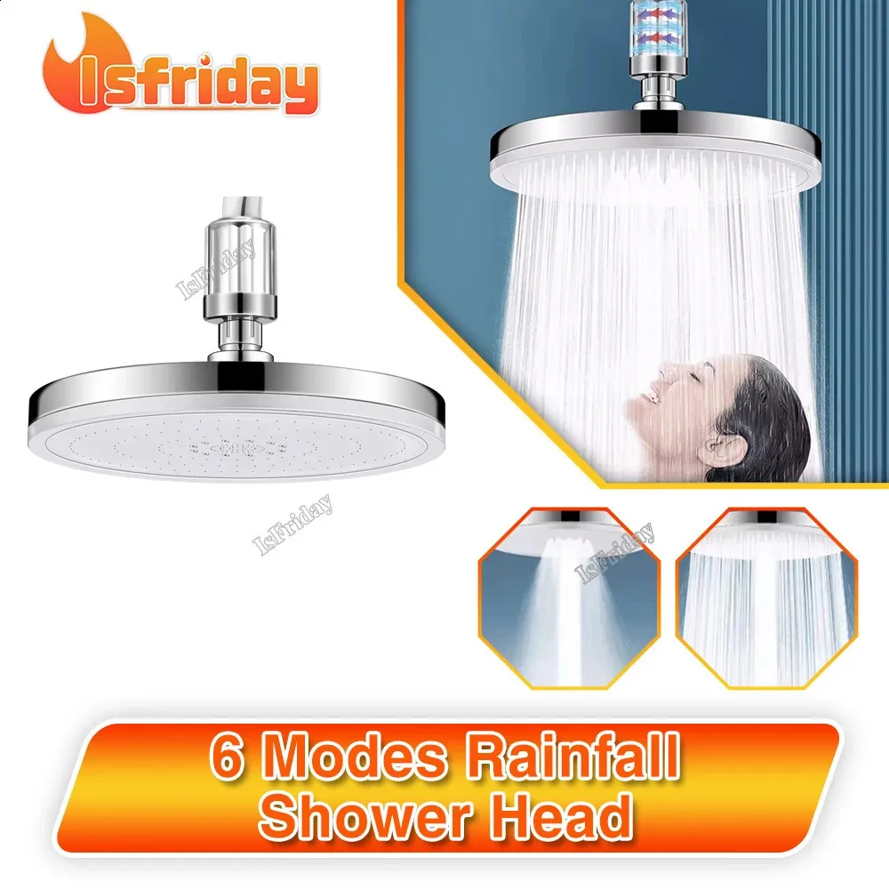 Rainfall Shower Head High Pressure Rain Booster Showerhead 6Modes Justerbar vattenbesparande kran Kanstillbehör 240314