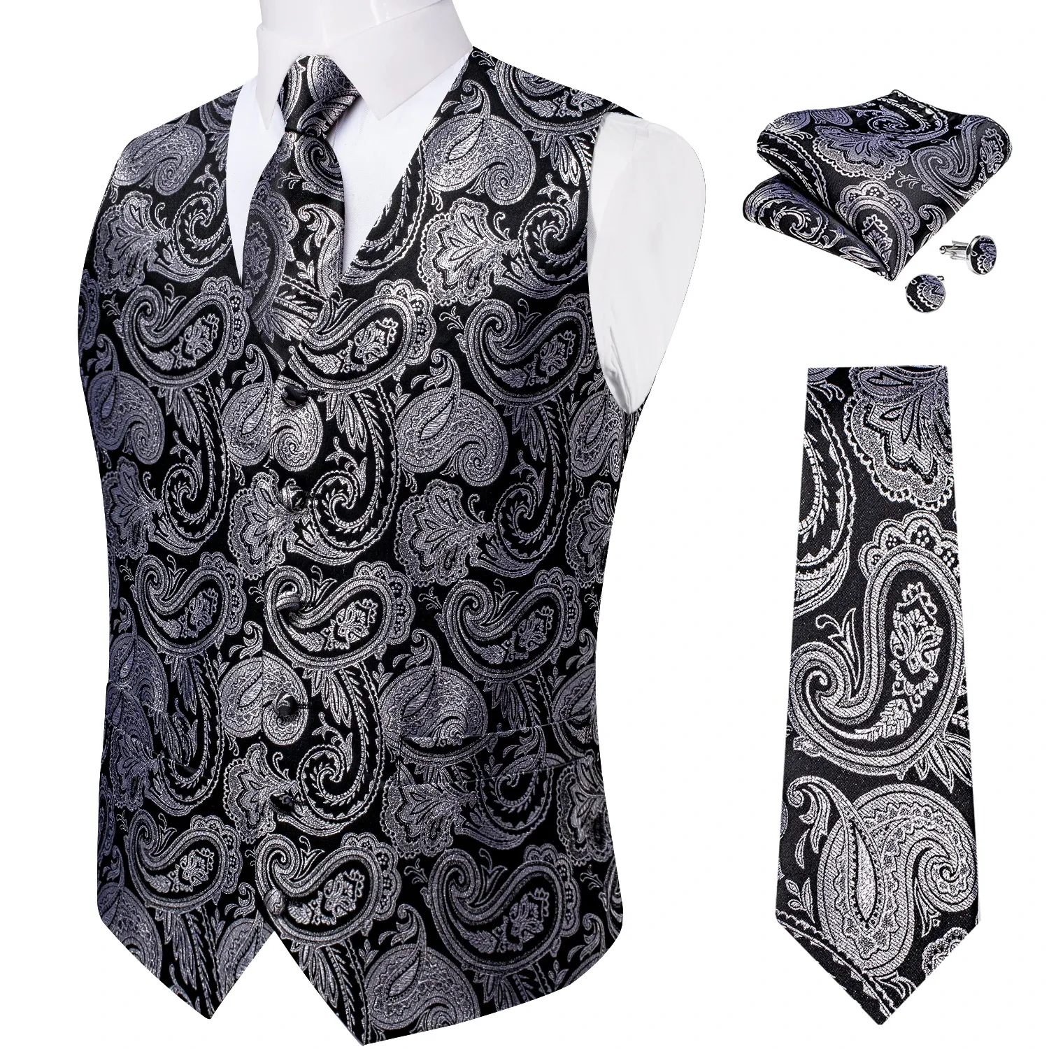 Жилетные жилеты Blazer костюм для мужчин Tie Pocket Square Mufflinks Set Wedding Party Silver Paisley Black Cocoat Dibangue