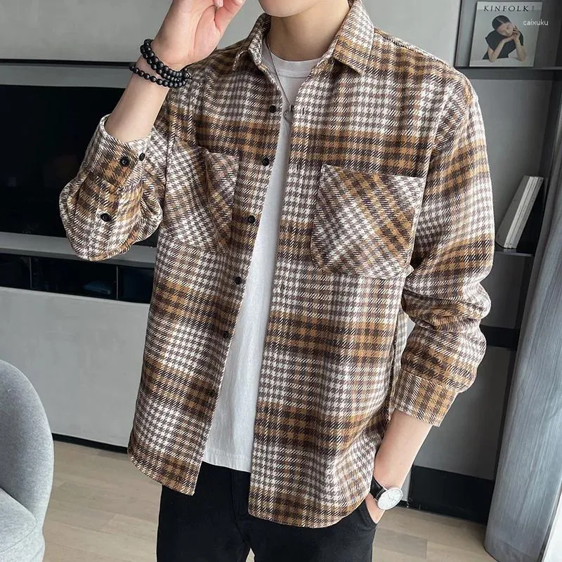 Men's Casual Shirts 2024 Arrival Classic Plaid Dress Spring Korean Fashion Stripes Clothes Luxury Long Sleeve Pockets