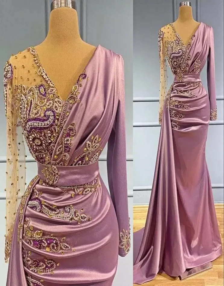 Light Purple Mermaid Evening Dresses Wear Sheer V Neck Crystal Beaded Long Sleeves Formal Prom Party Second Reception Special Occa3412032