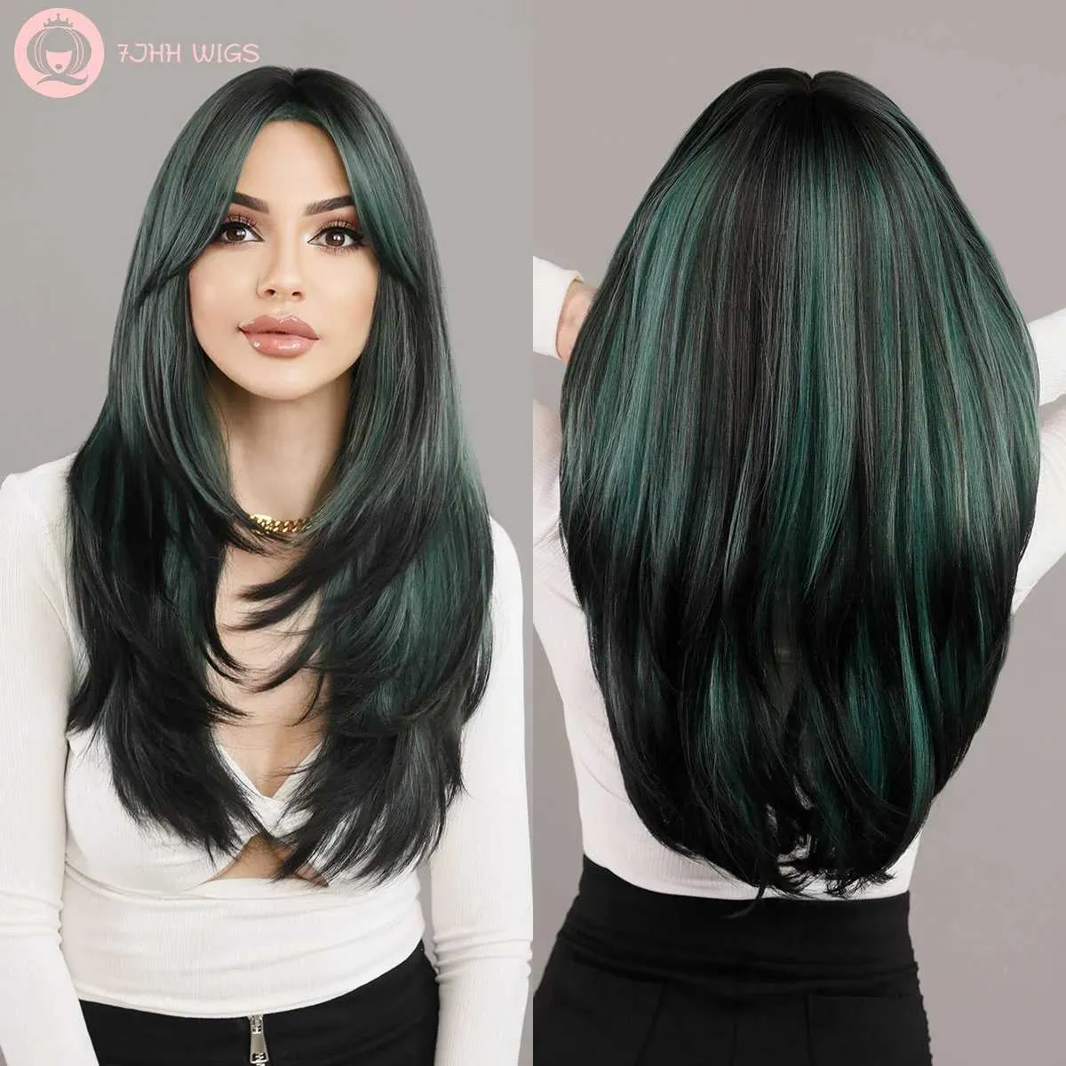 Synthetic Wigs Long Straight Wigs with Curtain Bangs Green Highlight Layered Ombre Wig for Women Synthetic High Density Black Hair End Dye Wig 240328 240327