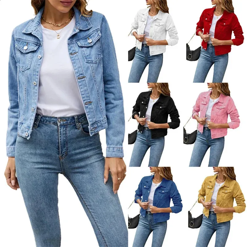 2023 Женские короткие джинсовые куртки Модные женские повседневные джинсовые куртки с длинными рукавами и лацканами с однотонным карманом на пуговицах Осень-зима Пальто 240311