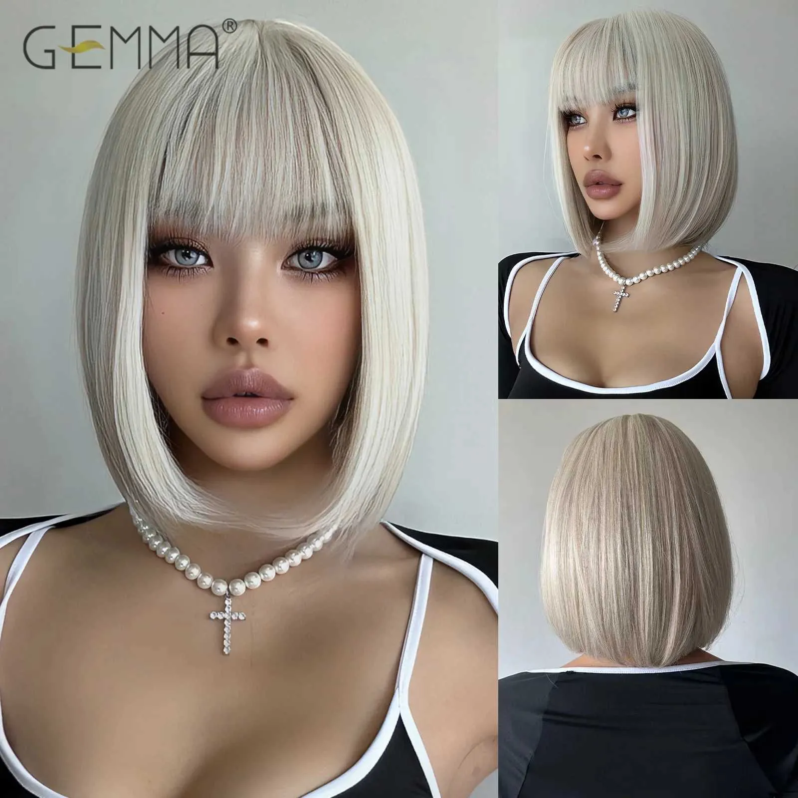 Perucas sintéticas curtas retas platina loira peruca sintética com franja cosplay festa arroz branco bob perucas de cabelo para mulheres fibra resistente ao calor 240328 240327