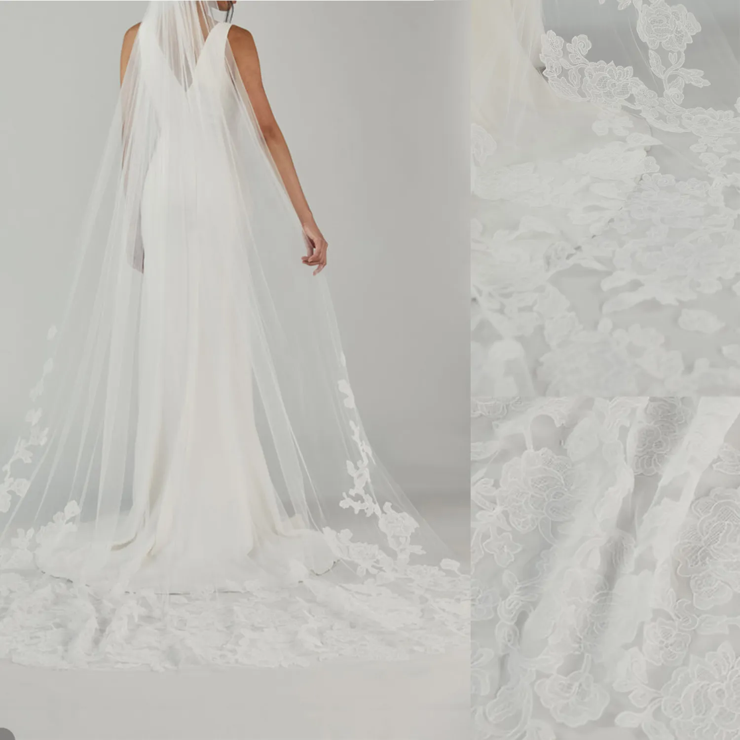 Floreale Nuova immagine reale Veli da sposa Bianco Avorio Champagne 2,5 Yard Lunghezza cappella Voile Mariage Appliques Pizzo Accessori da sposa su misura