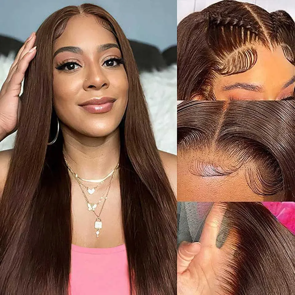 Synthetic Wigs Chocolate Brown Straight 13x5 HD Lace Front Human Hair Wigs For Women Transparent Lace Frontal Wig 4x4 Bob Wig Lace Closure Wig 240328 240327