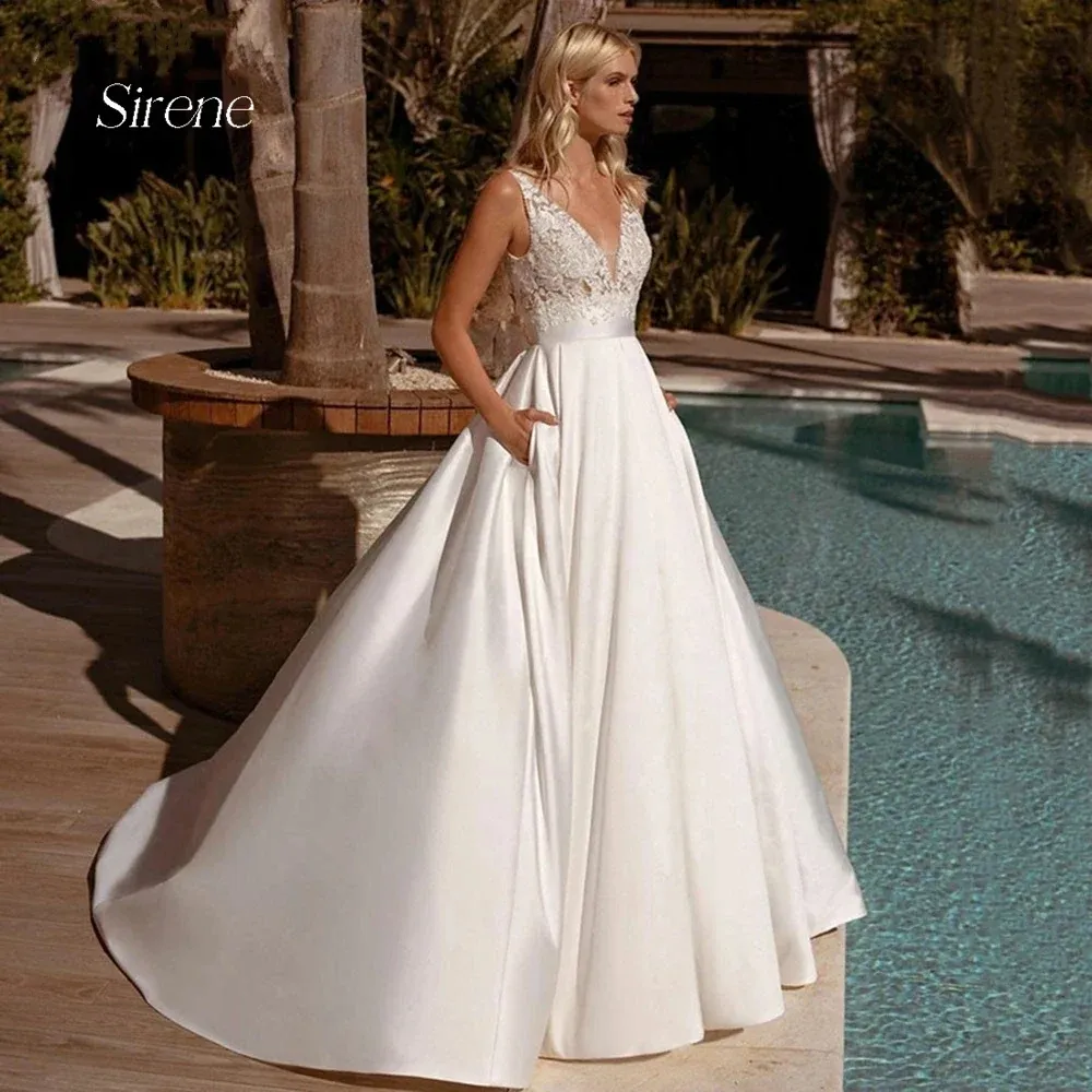 Strand-Spitze-Applikation-Satin-Hochzeitskleid, elegant, A-Linie, V-Ausschnitt, ärmellos, rückenfrei, Brautkleid, Vestido De Novia, nach Maß YD