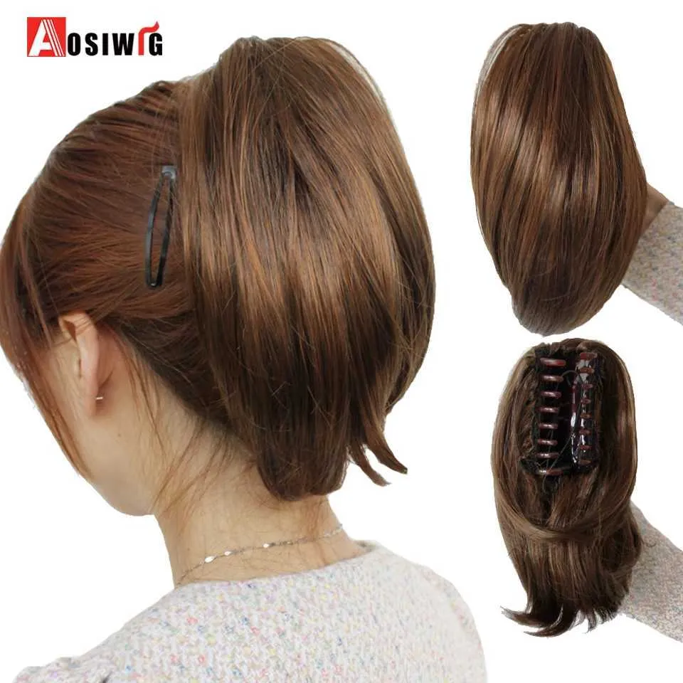Synthetic Wigs AOSIWIG Synthetic Short Straight Claw Clip In Ponytail Cute Girls Hair Heat Resistant Black Gray Red Wig Hairpiece 240328 240327