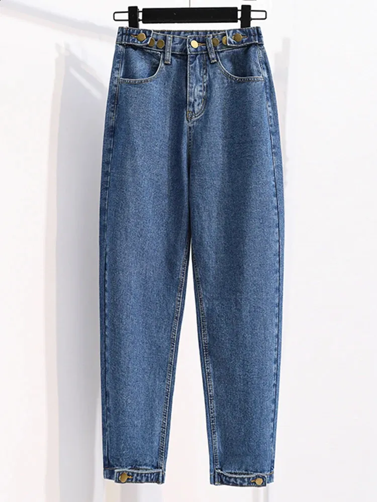 Jeans taglie forti autunnali per donna a vita alta con bottoni Pantaloni coreani da donna di grandi dimensioni alla moda 240318