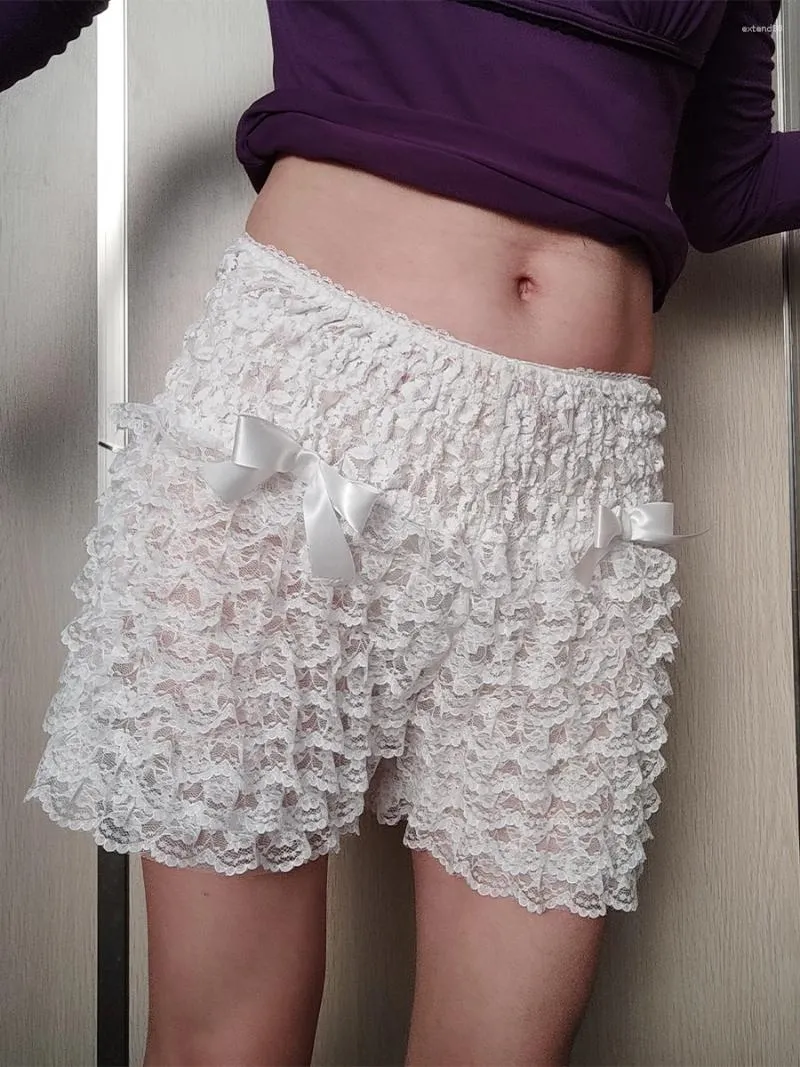 Women's Shorts Women Summer Floral Lace Trim Layered Bodycon Ruffled Bows Elastic Waist Short Pants Y2K Streetwear
