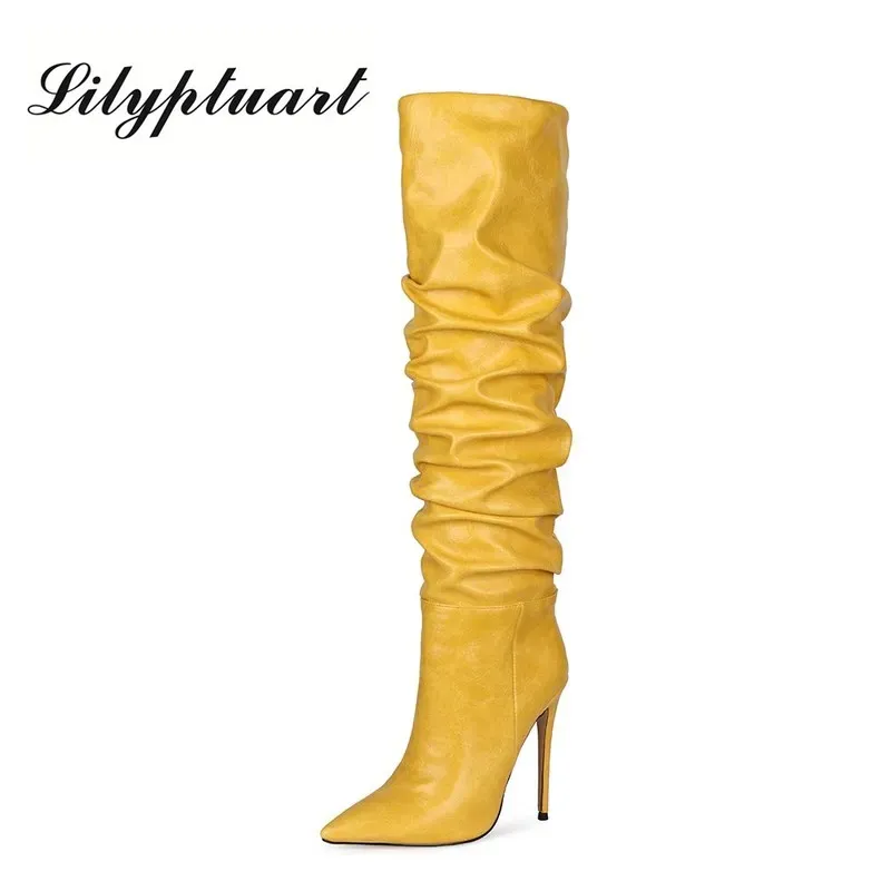 Boots European and American Style Pointed Toe Pleated Kneelength Boots Stiletto Super High Heel Women's Shoes Size 43 Women Shoes