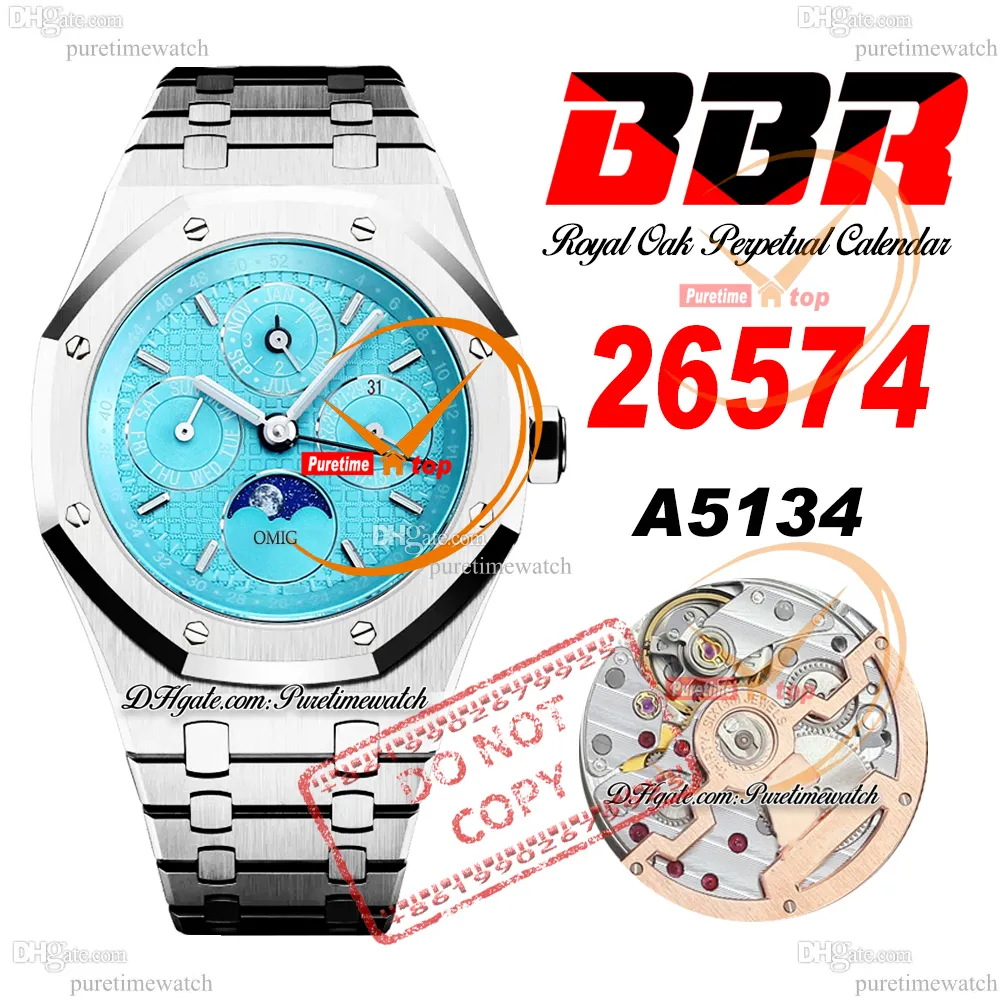 26574 Montre automatique pour homme A5134 compliquée BBRF 41 mm Calendrier perpétuel Tiff Cadran bleu Bracelet en acier inoxydable Super Edition Puretimewatch Reloj Hombre