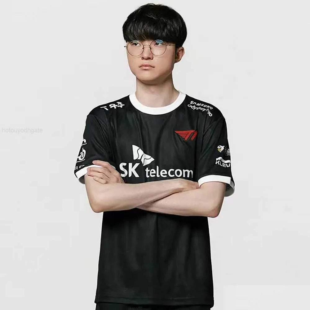 Мужские футболки 2023 Lol T1 Черный Джерси Lck Skt Faker Keria Zeus Oner Gumayusi Футболка на заказ Униформа Мужчины Женщины Вентиляторы E-Sport Hombre Top Otax3