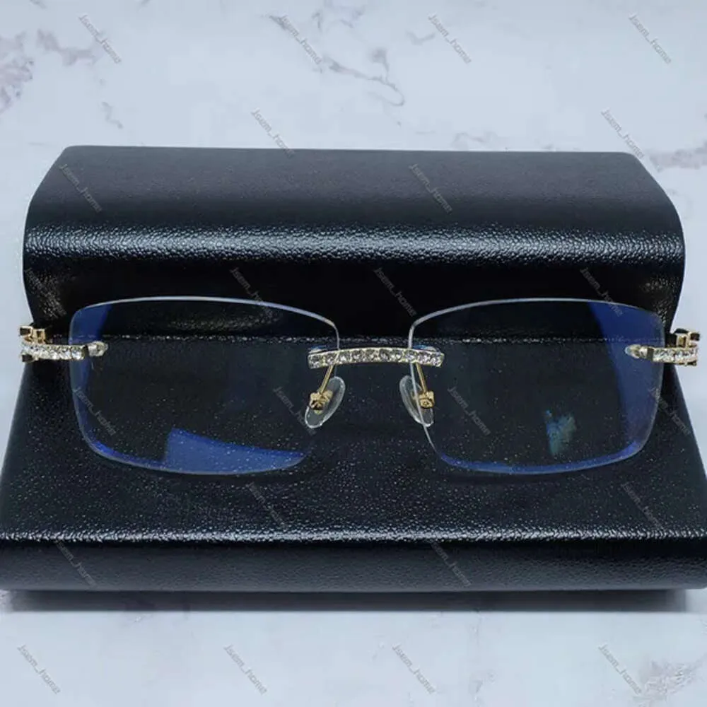 Lyxiga strass Cartirr -glasögon diamantklipp för man fyrkantig trä buffel horn diamant carter is ut glas mode mens rimless buffs cart solglasögon 124