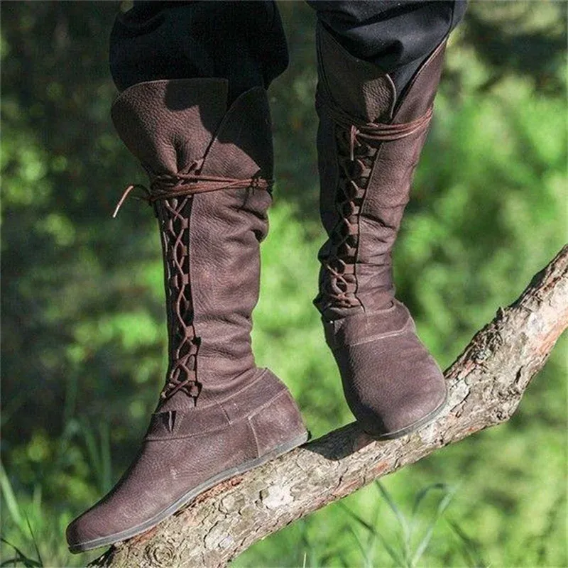 Boots Gothic Carnival Party Boots Medieval Retro Women Princess Men Prince Knight Cosplay Leather Mid Calf Bottises High Tube Bandage