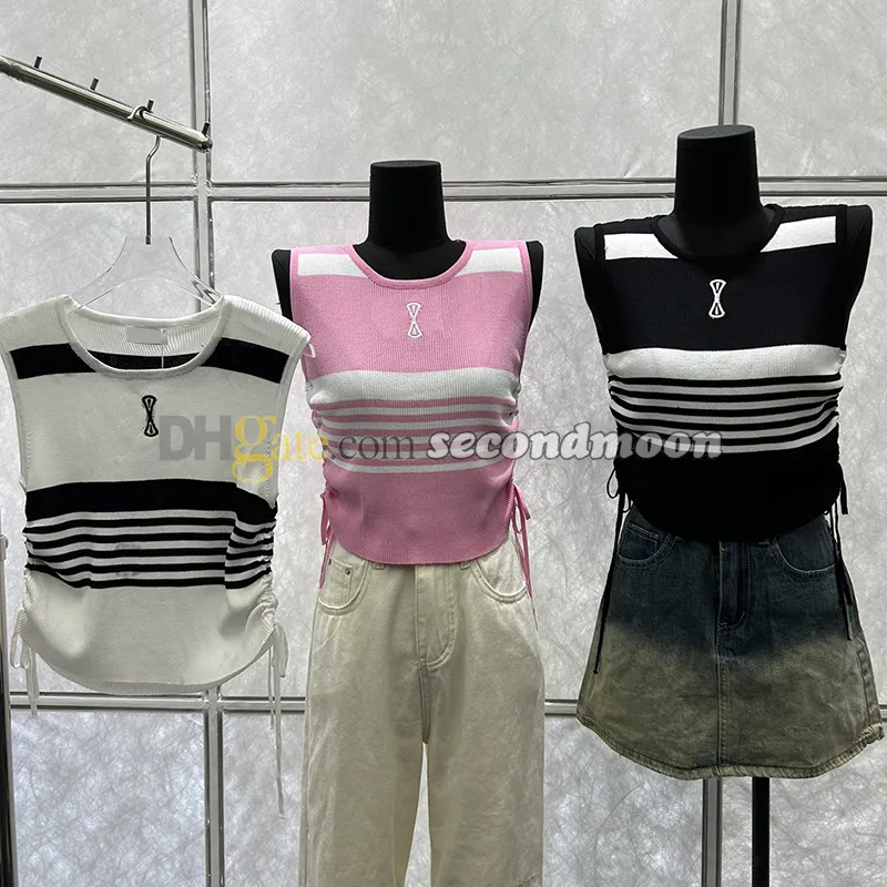 Designer Embroidered Vest Women Stripe Print Tanks Top Spring Summer Knitted T Shirt