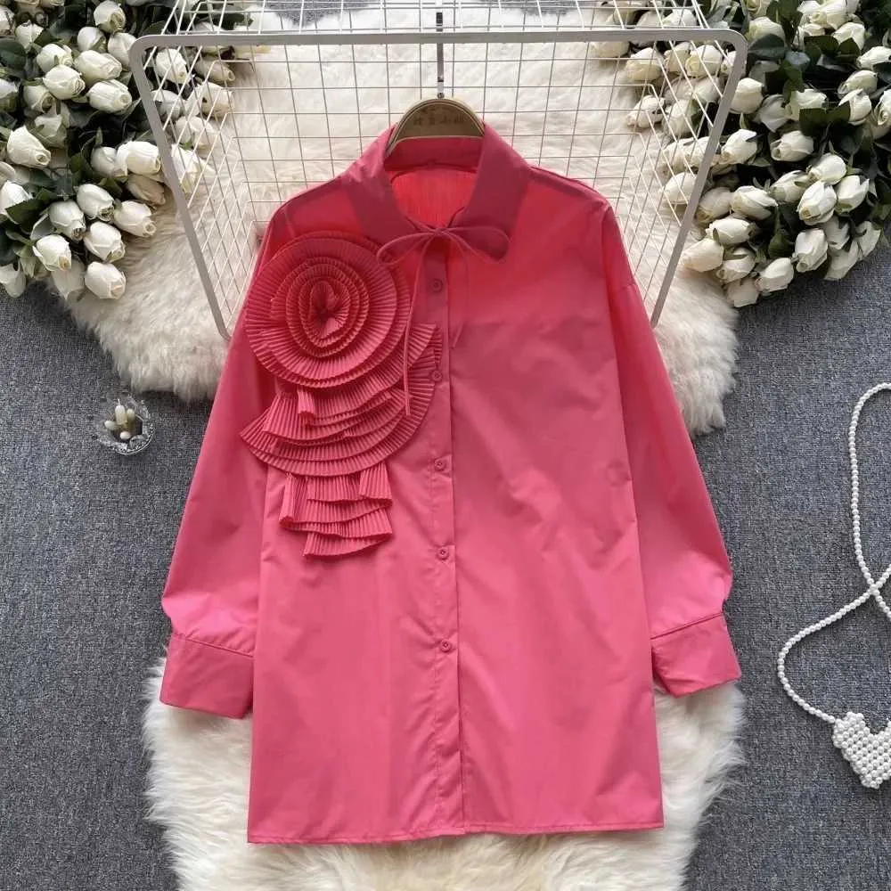 Blouses voor dames shirts Franse chique vrouwen blouse mode 3D bloemen lange puff mouw turn-down kraag veter omhoog herfst leeftijd reducerende vrouwelijke tops dropl2403