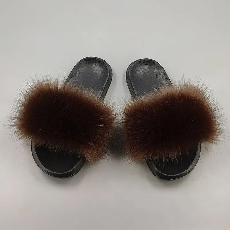 Slippers 15 Colors Fake Fox Fur Slippers Large Size Summer Open Toe Fluffy Fake Fur Slippers Casual Black Slippers Furry Shoes