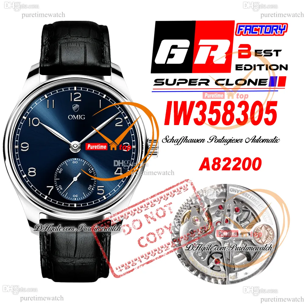 W358305 A82200 Otomatik Erkekler İzle GRF Çelik Kılıf Mavi Kadran Gümüş İşaretler Siyah Deri Kayış Süper Sürüm Reloj Hombre PureTiMewatch Montre Hommes PTIW