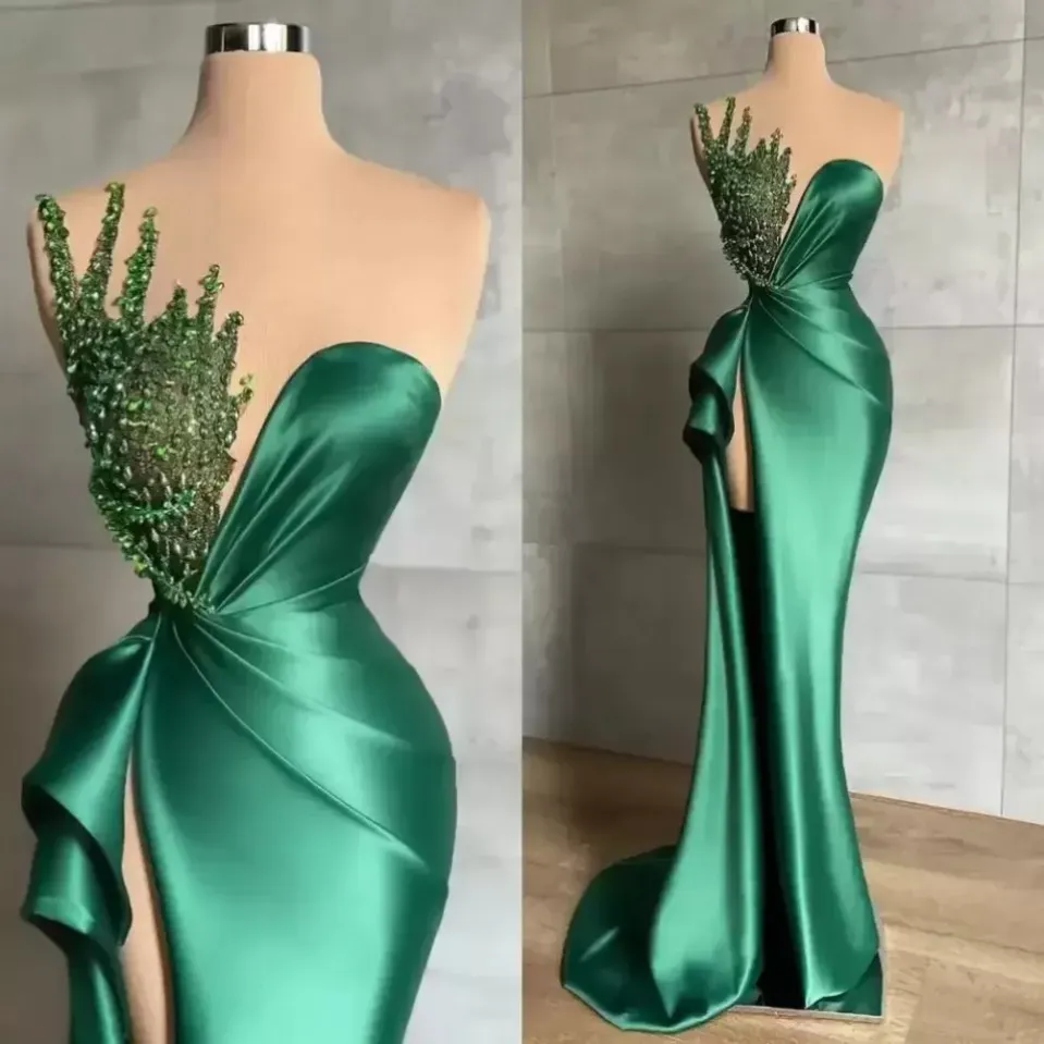 Hunter Green Mermaid Evening Dresses for African Women Long Sexy Side High Split Shiny Beads Sleeveless Formal Party Illusion Prom Party Gowns bc11345