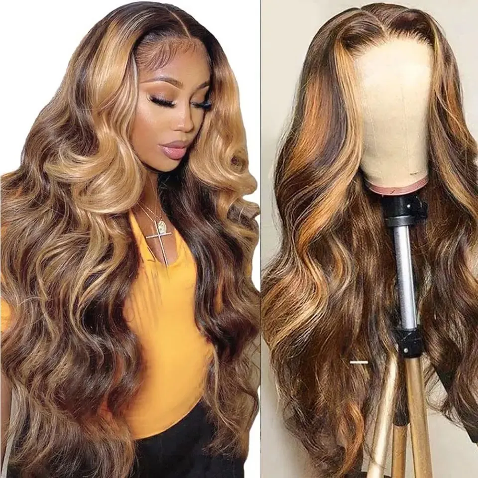 Perruque Lace Closure Wig Body Wave sans colle, cheveux naturels respirants, pré-coupés HD Swiss 5x5, à reflets, pour femmes