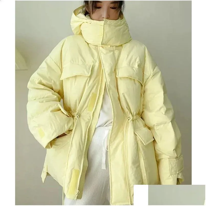 Mulheres para baixo parkas amarelo inverno com capuz jaqueta quente mulheres casaco de algodão irregar fofo bolha dcord cintura outwear longo 231116 gota deliv ottoh