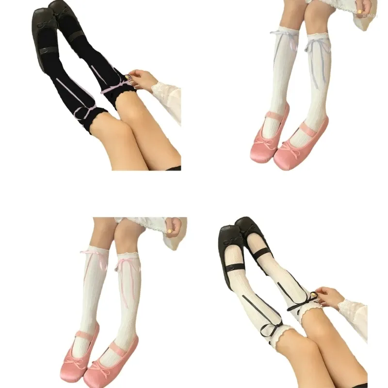 Женские носки, 1 пара, балетные носки с рюшами и бантиками, кружевной верх