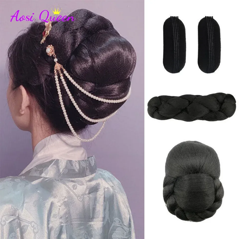 Chignon como chinês antigo peruca feminina hanfu perucas cocar fotografia acessório de dança perucas para mulheres coque de cabelo alta temperatura