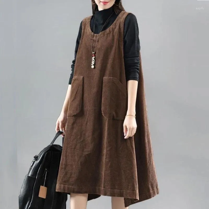 Casual Dresses Fashion Corduroy Dress 2024 Spring Autumn Loose Women's Sleeveless Pocket Vest Elegant Vestidos Kvinna