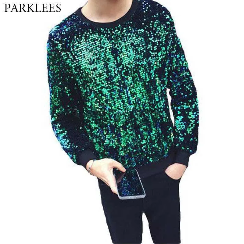 Erkek Hoodies Sweatshirts Parlak yeşil payet Bling Sweatshirt Gençlik Gece Kulübü DJ SATGE PARTİK SAHNE PLITER STEATSHIRTS Hip Hop Gündelik Ter Homme 24318