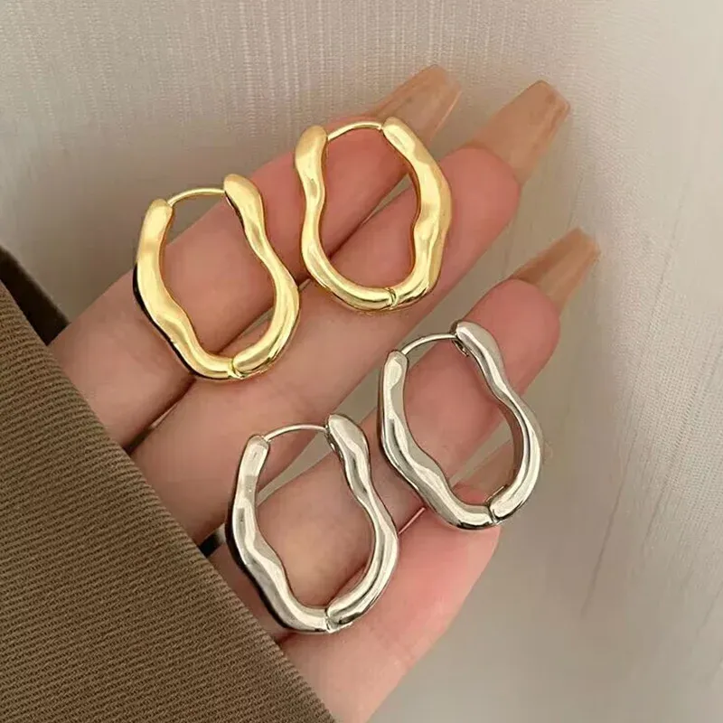 Vintage Irregular Hoop 14k Yellow Gold Earrings For Women Fashion Golds Color Plated Metal Earring 2024 New Trendy Jewelry Gifts