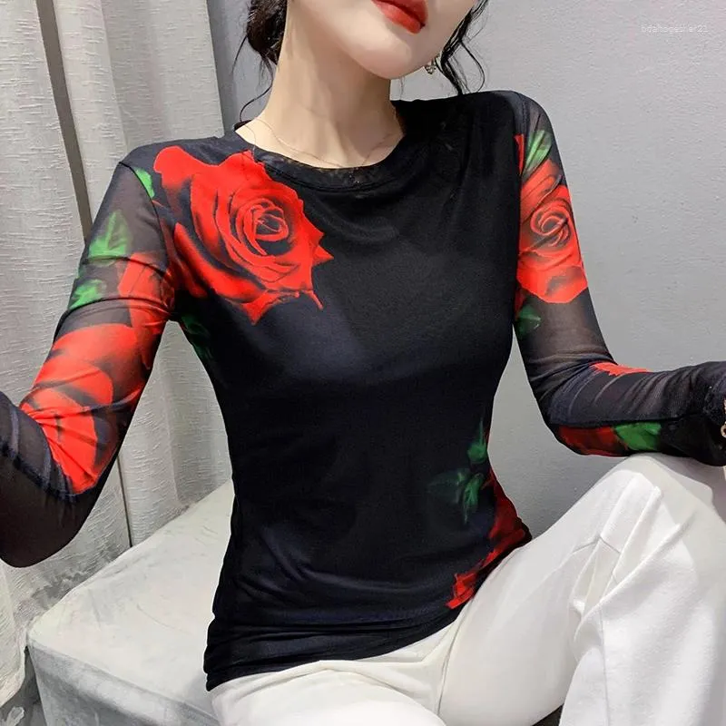 Women's T Shirts Size S-3XL Girls Fixed Printing Mesh T-Shirts Tees Female Full Sleeve O Neck Stretchy Tshirt Black Tops Women 2024 Autumn