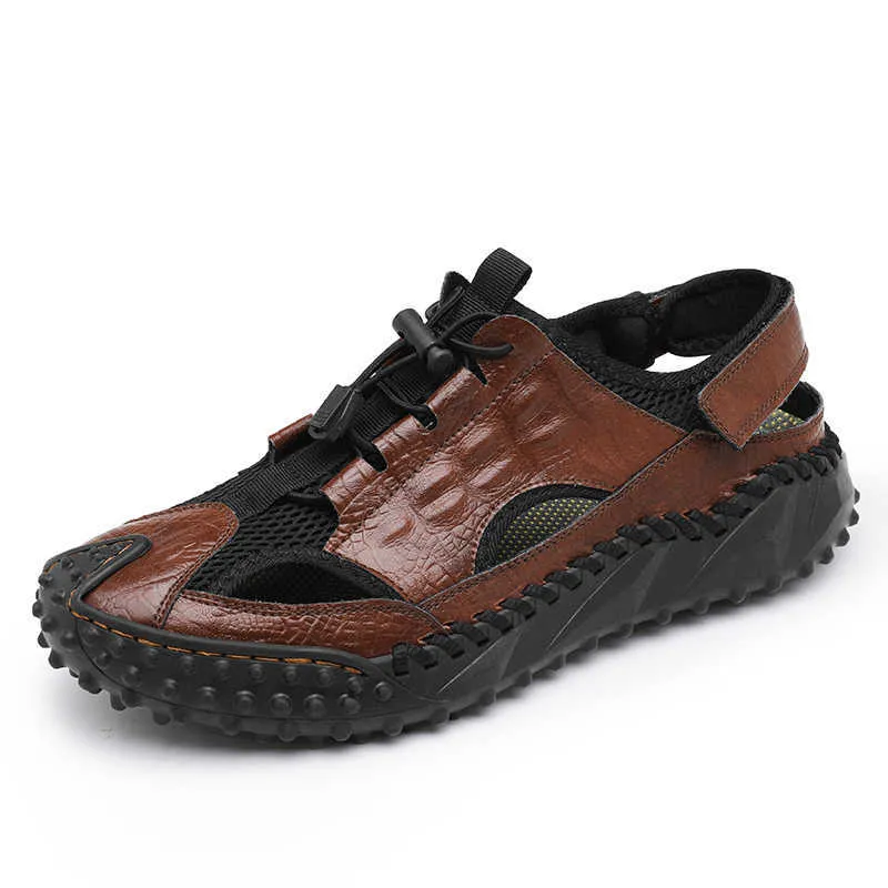 Sandálias masculinas em formato de tanque feito à mão HBP sem marca, elemento de costura de couro puro de grão integral, sapatos de verão para homens