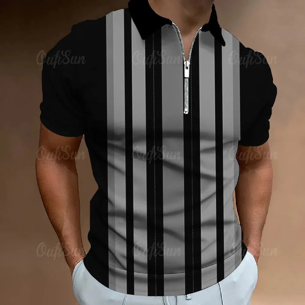 Mens Zipper Polo Shirt Stripe Print High Quality Herrkläder Daglig gata Kort ärm Löst överdimensionerad skjorta och blusar 240304