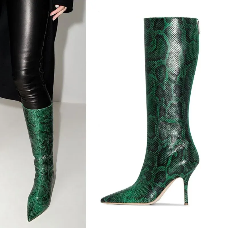 Boots 2021 New Green Serpentine Autumn Winter Long Boots Women's Shoes Stiletto Heel Tip Back zipper Fashion Women Boots Big Size3346