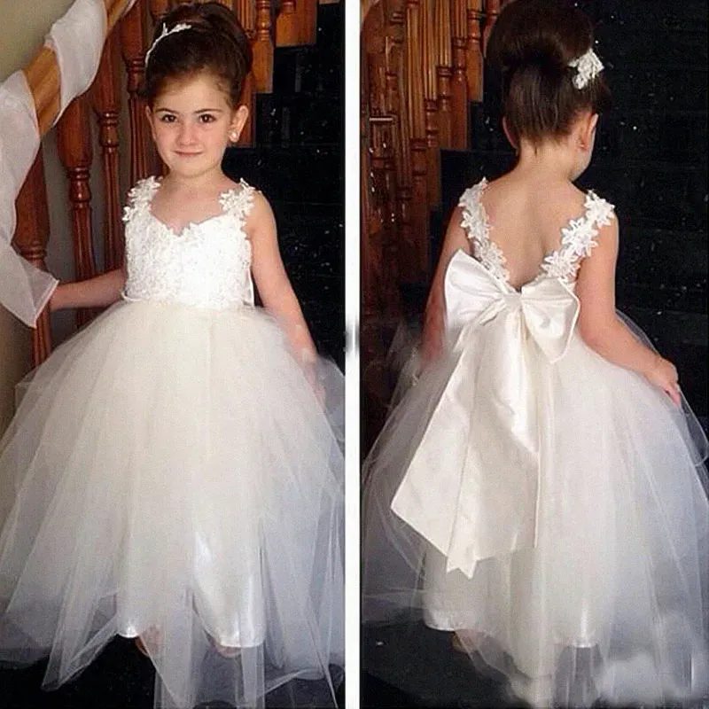 HOT Lovely Flower Girls For Weddings V Neck Tulle Floor Length Backless Ball Gown Junior Bridesmaid Dresses