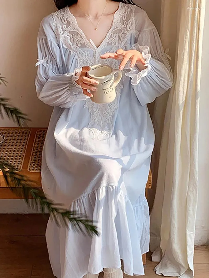 Kvinnors sömnkläder franska nattdress söt tjej vår höst prinsessa vintage pyjamas hem rent bomull morgon mantel sexig natt bär för