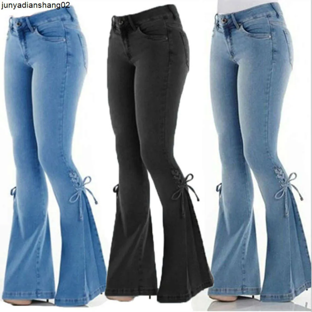 Женские джинсы со средней талией, эластичные женские расклешенные брюки со шнуровкой