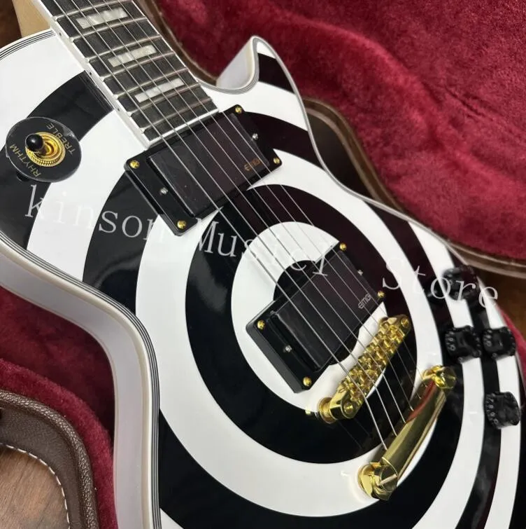 Zakk Wylde Bullseye weiß/schwarze E-Gitarre, Mahagonikorpus, goldene Hardware, Palisandergriffbrett, EMG-Tonabnehmer