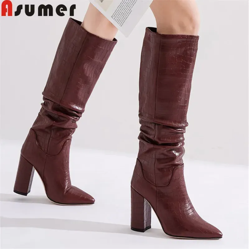 BOOTS Asumer 2021 Cowboy Western Knee Boots High Women Ponto de pé apoiado no estilo europeu Botas de inverno de outono de salto alto de salto alto Mulher