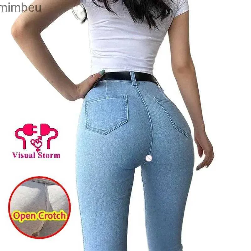 Calça jeans feminina de virilha aberta sexy skinny hip jeans feminino pêssego hip levantamento com zíper invisível de duas cabeças para namoro must-haveC24318