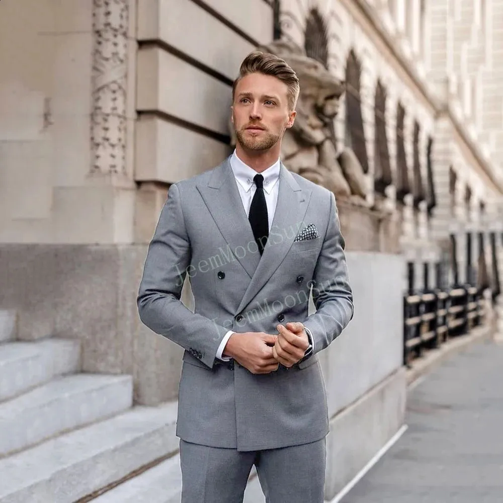 Gris doble botonadura ropa De novio Trajes para Hombre Slim Fit Formal negocio 2 piezas traje Masculino Trajes De Hombre Blazer pantalones corbata