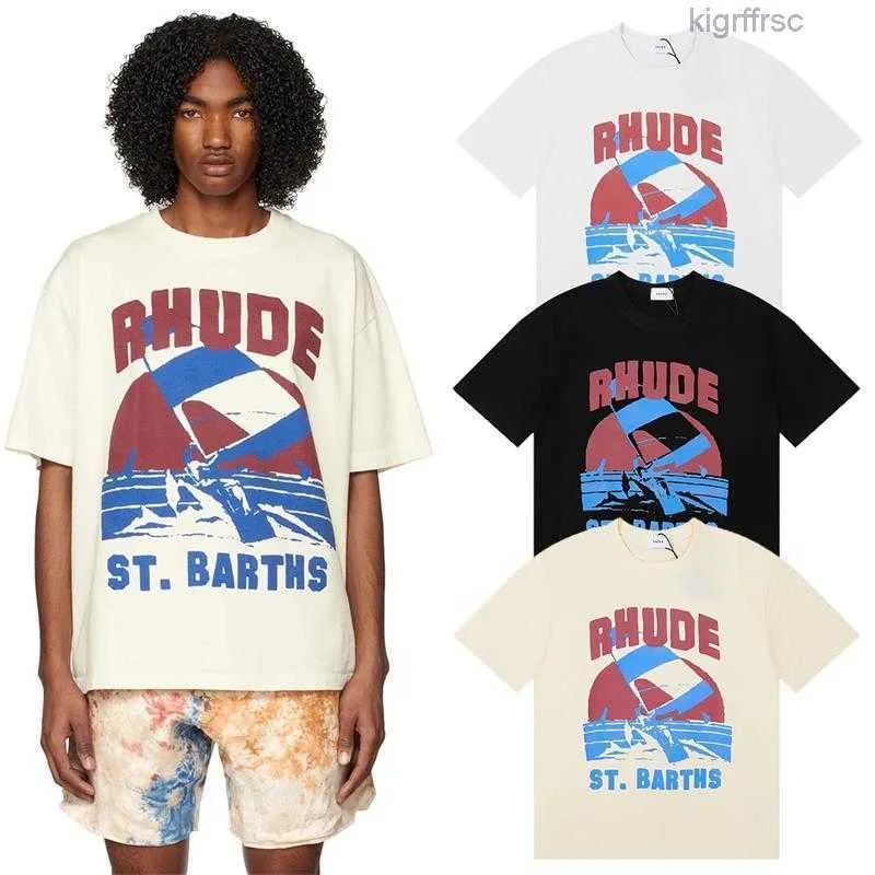 Дизайнерская модная одежда Футболки в стиле хип-хоп 2023ss High Street Leisure Trend Бренд Rhude Windsurf Sail Surf Print Мужская женская футболка Свободная уличная одежда 8OAE